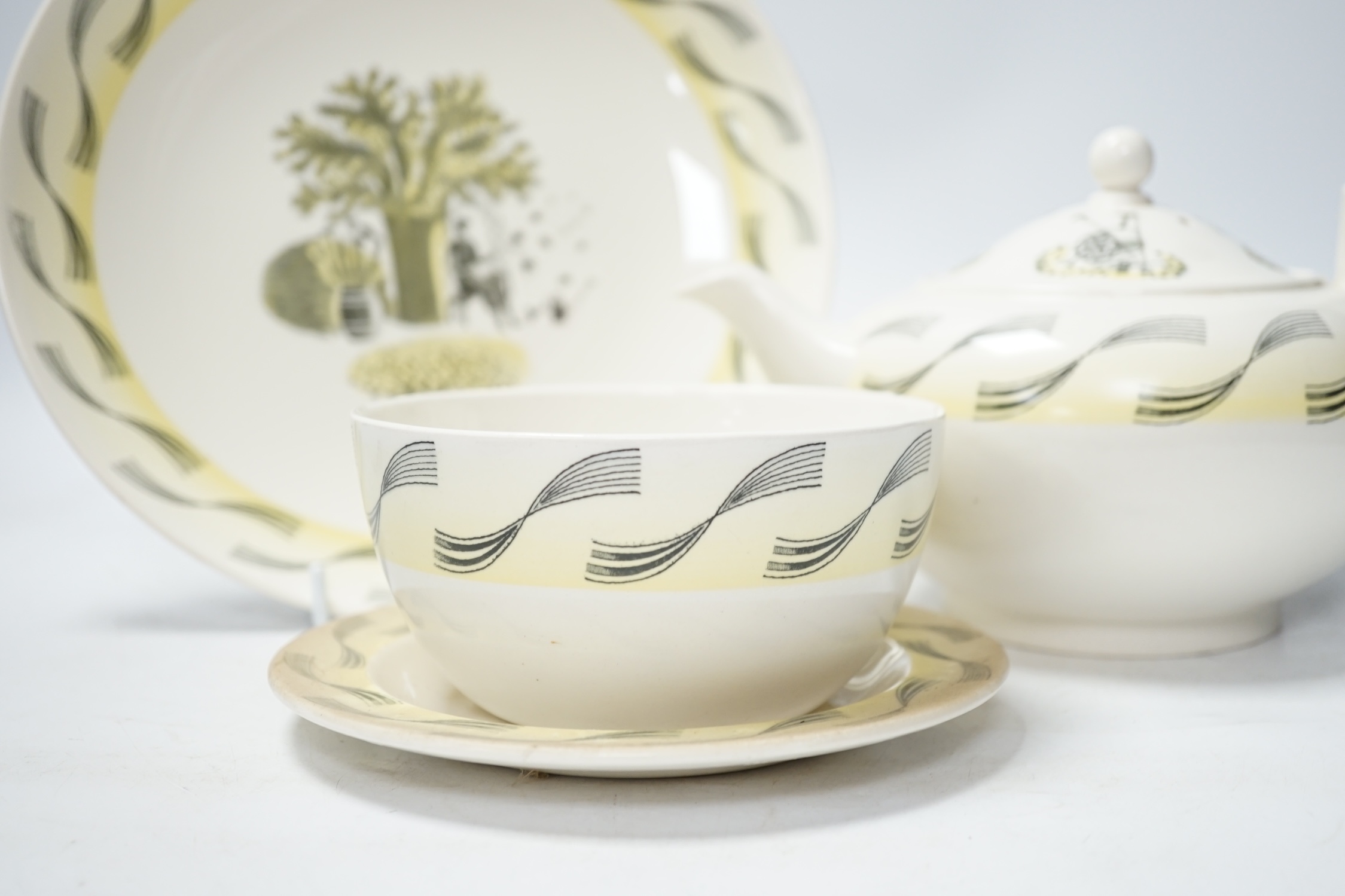 Eric Ravilious for Wedgwood, a Garden pattern teaset together with two Enoch Wedgewood cups and a dish. Condition - fair to good